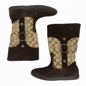 COACH Authentic Signature C Monogram Suede Brown Mid Calf Winter Snow Boots, Y2K